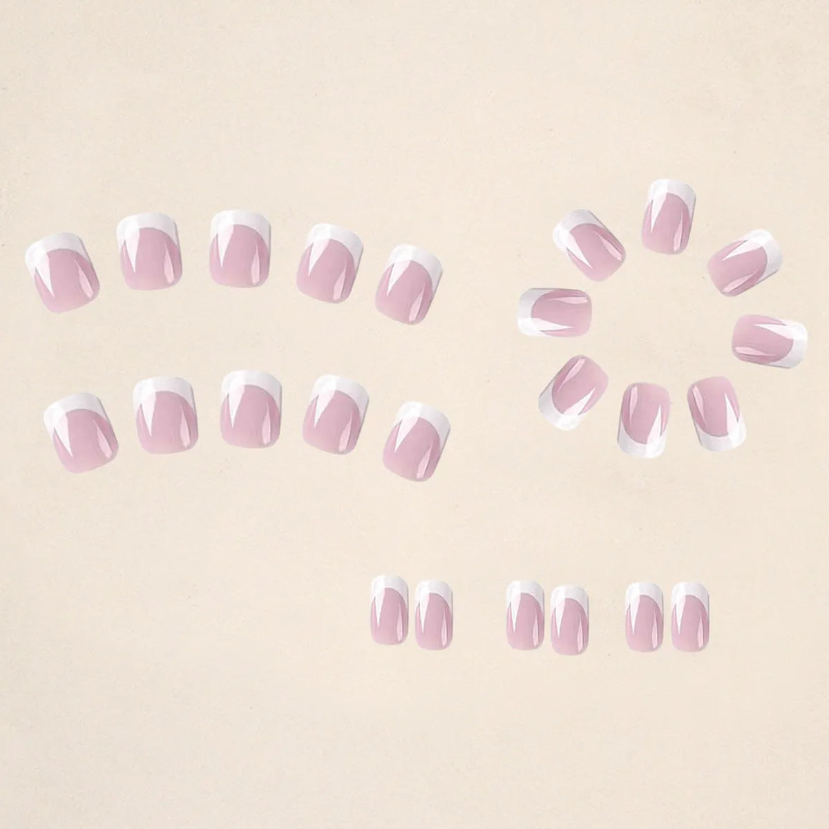 Twenty-four white plaid pattern fake nails with square tips arranged on a surface.