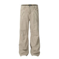 Men's brown straight-leg jeans with high waist and zip fly on mannequin