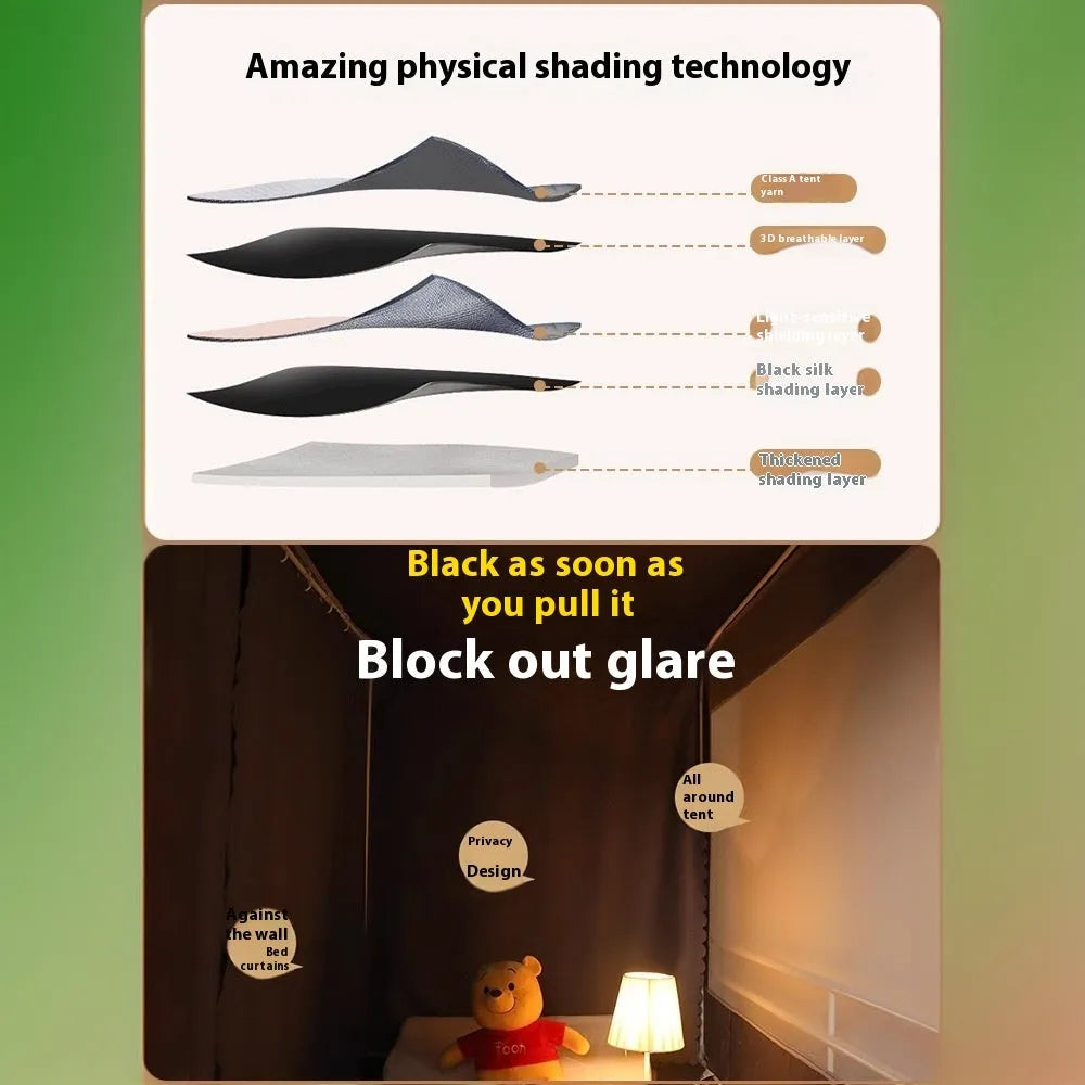 Grey polyester bed curtain with integrated mosquito net for 0.9 metre beds with freestanding bracket