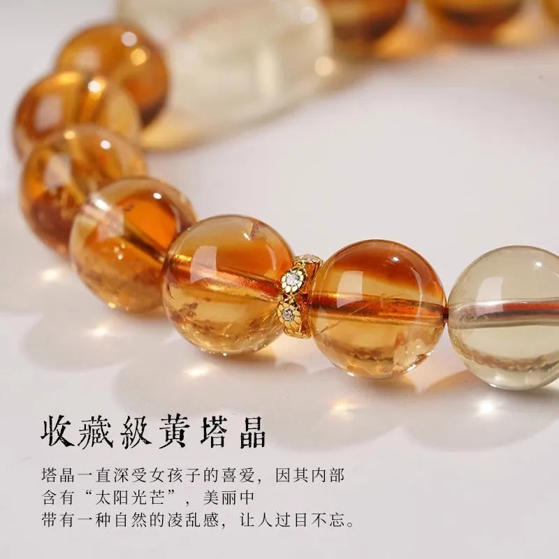 Women's carved citrine bracelet with 10mm geometric beads in ethnic national style