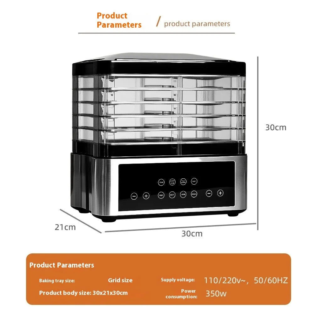 Silver stainless steel fruit dehydrator with 14 litre capacity and temperature control dial
