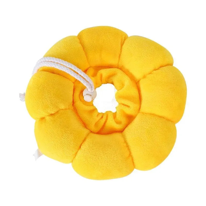 Cotton pet recovery collar in soft fabric with adjustable neck band and inner ring, sizes XS to L