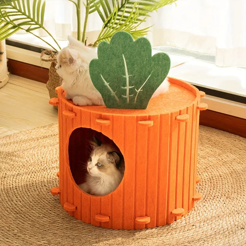 Orange felt carrot-shaped cat nest tunnel with a circular entrance hole, shown in two size options.
