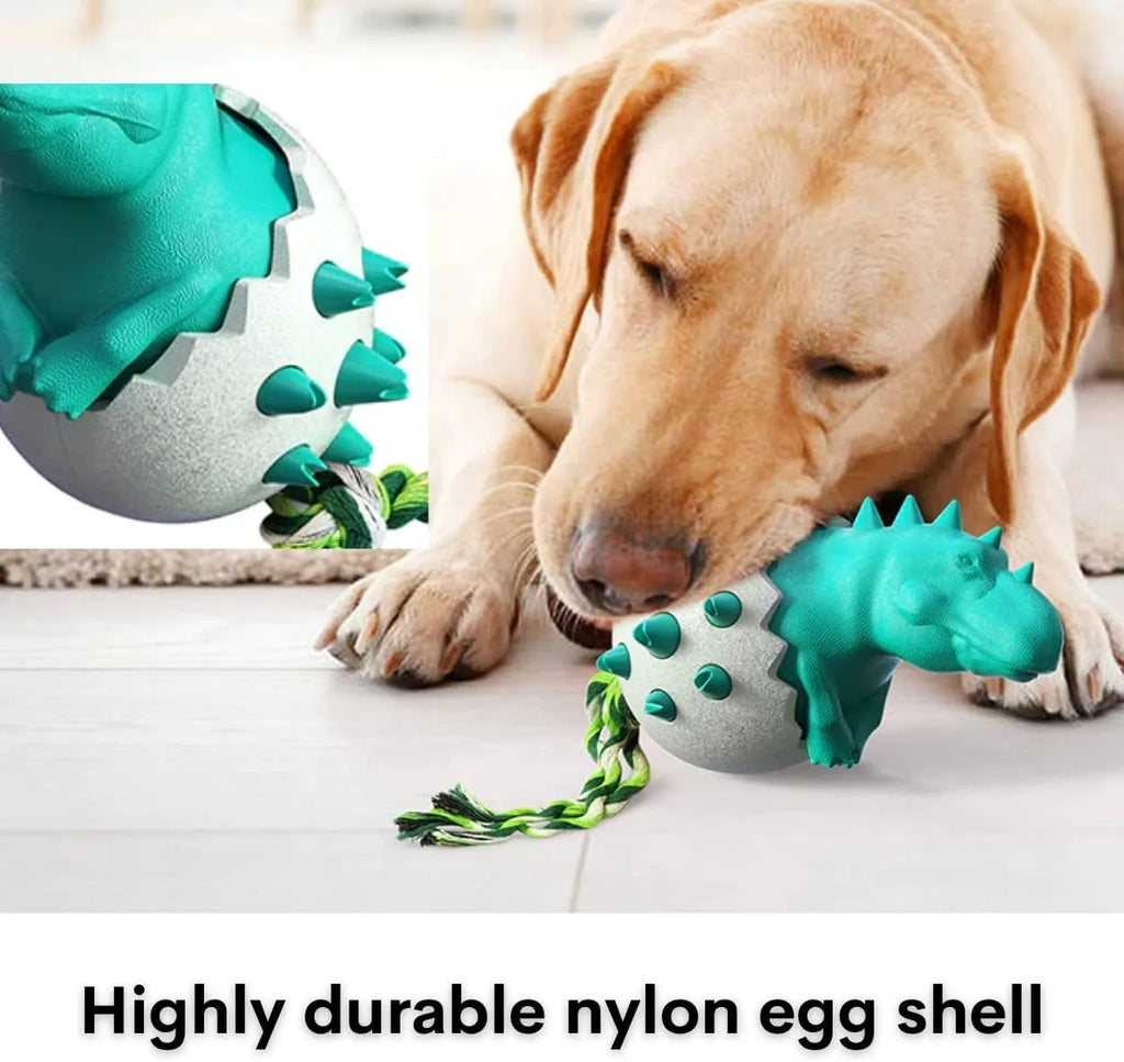 Durable dinosaur-shaped dog chew toy with rope attached, shown in blue colour