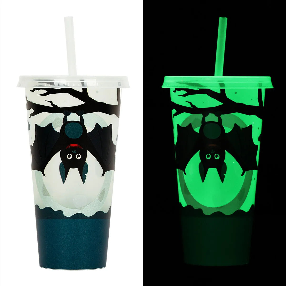 720ml luminous plastic Halloween sippy cup with a straw, cylindrical shape.