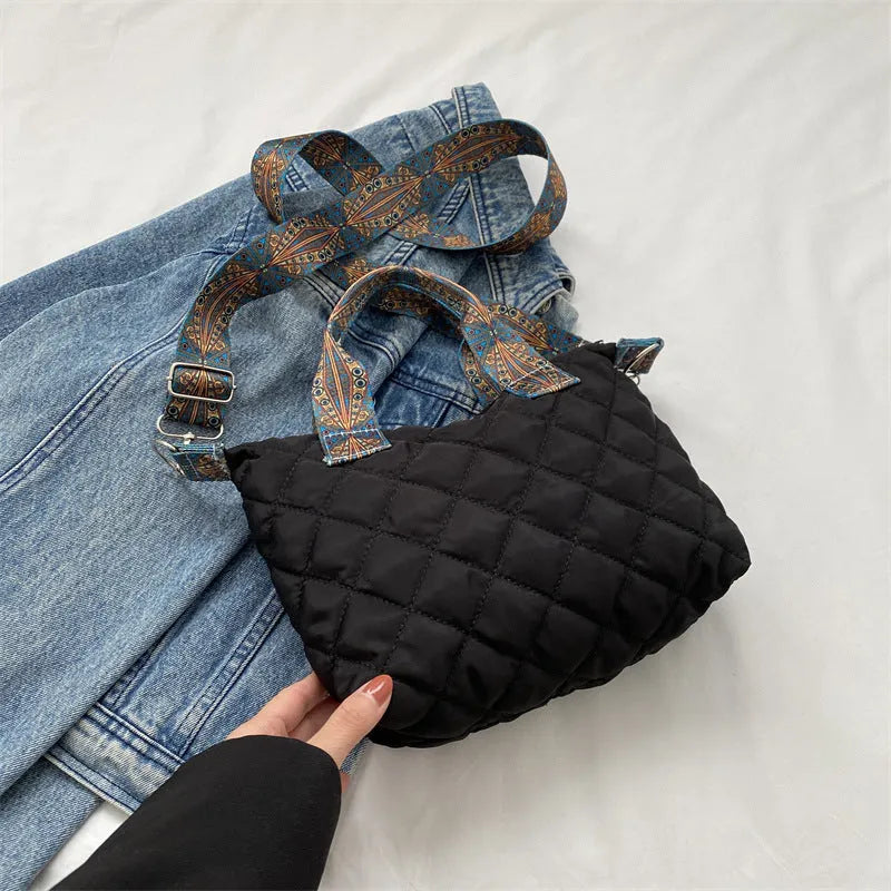 Oxford cloth shoulder messenger bag in horizontal square shape with sandwich pocket and phone compartment