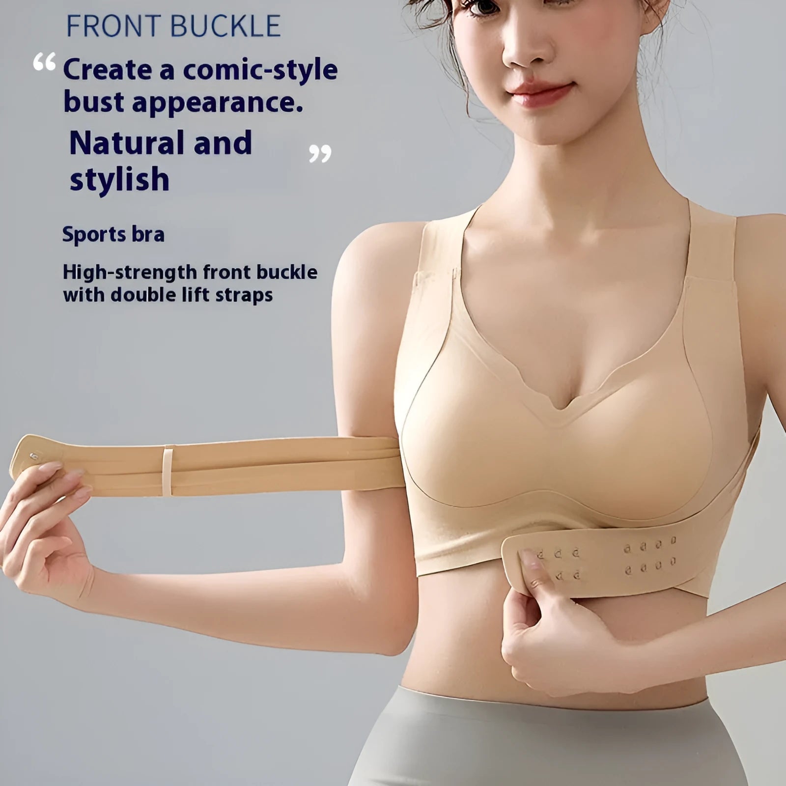Women's front buckle sports bra in black, white, or nude for yoga and exercise.