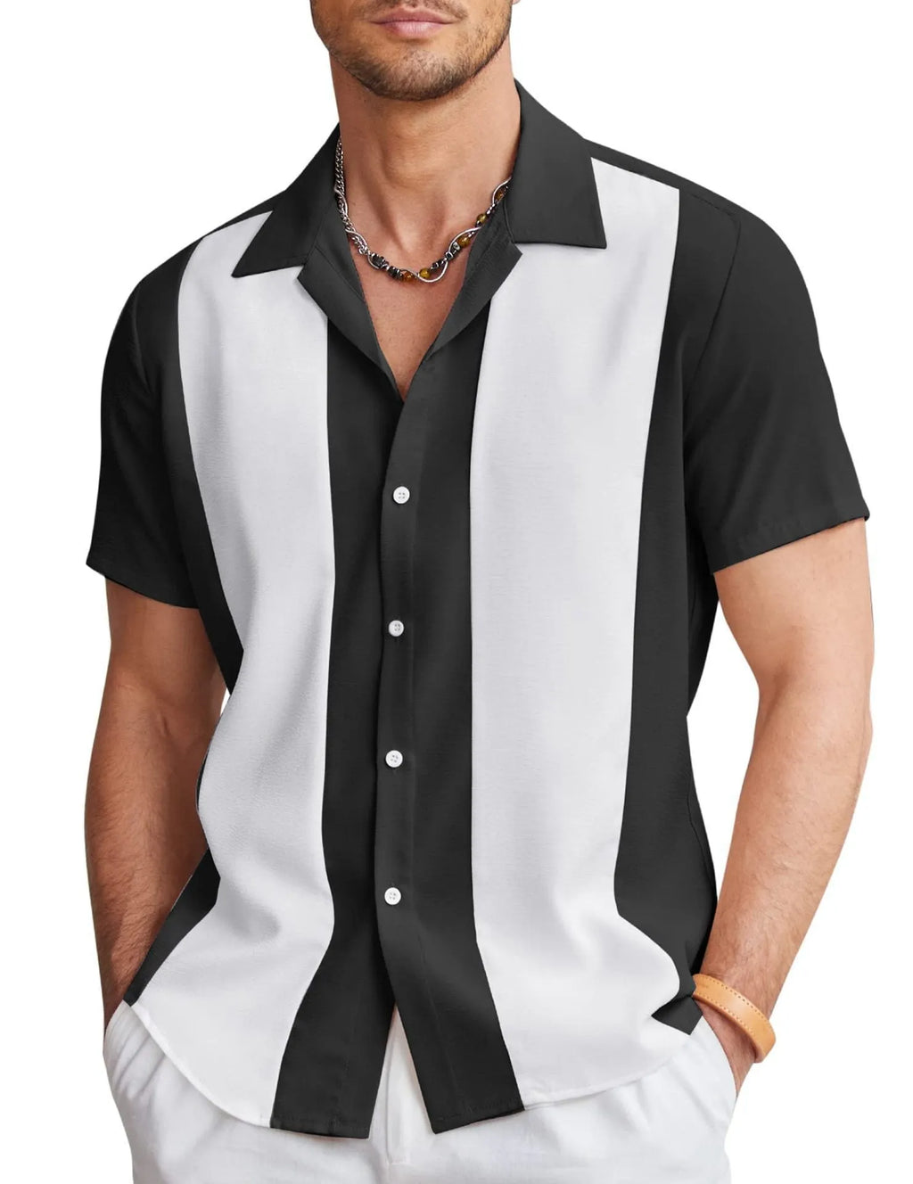 Man wearing a slim fit, short sleeve Hawaiian shirt with a digital printed pattern.