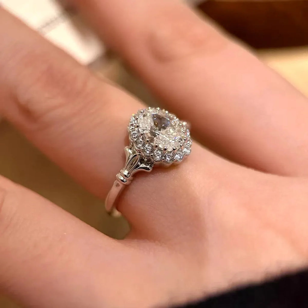 Silver geometric ring with bridal bouquet diamond and adjustable opening for women's index finger