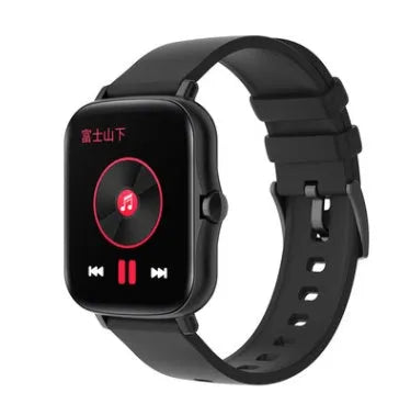 Blue smart watch with 1.7-inch touch screen showing fitness data on wrist