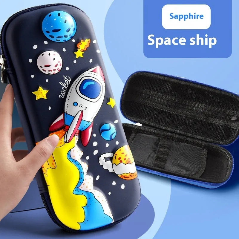 3D leather pencil case showing embossed astronaut and dinosaur design options.