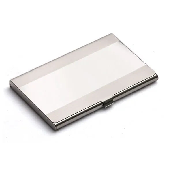 Geometric stainless steel business card case with brushed and mirrored finishes.