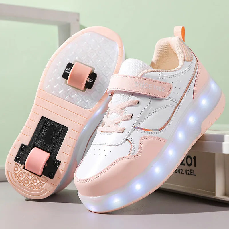 Children's charging flash rollerskates with LED illuminated wheels in multiple colour options