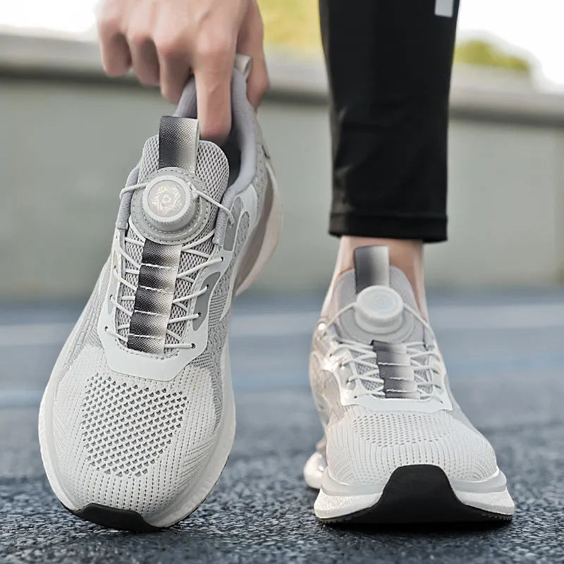 Men's white running shoes with rotating button closure and breathable mesh upper in low-top Korean style design