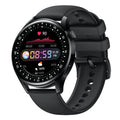 Black smartwatch with 1.32-inch screen and silicone wristband showing health monitoring display