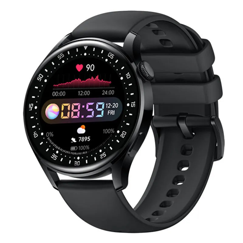 Black smartwatch with 1.32-inch screen and silicone wristband showing health monitoring display