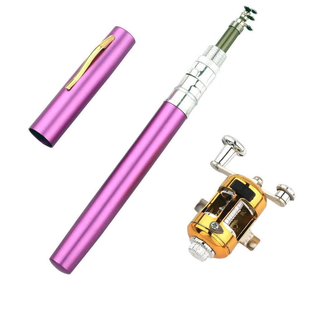 Collapsed and extended view of a pocket telescopic fishing rod with aluminium case and plastic reel.