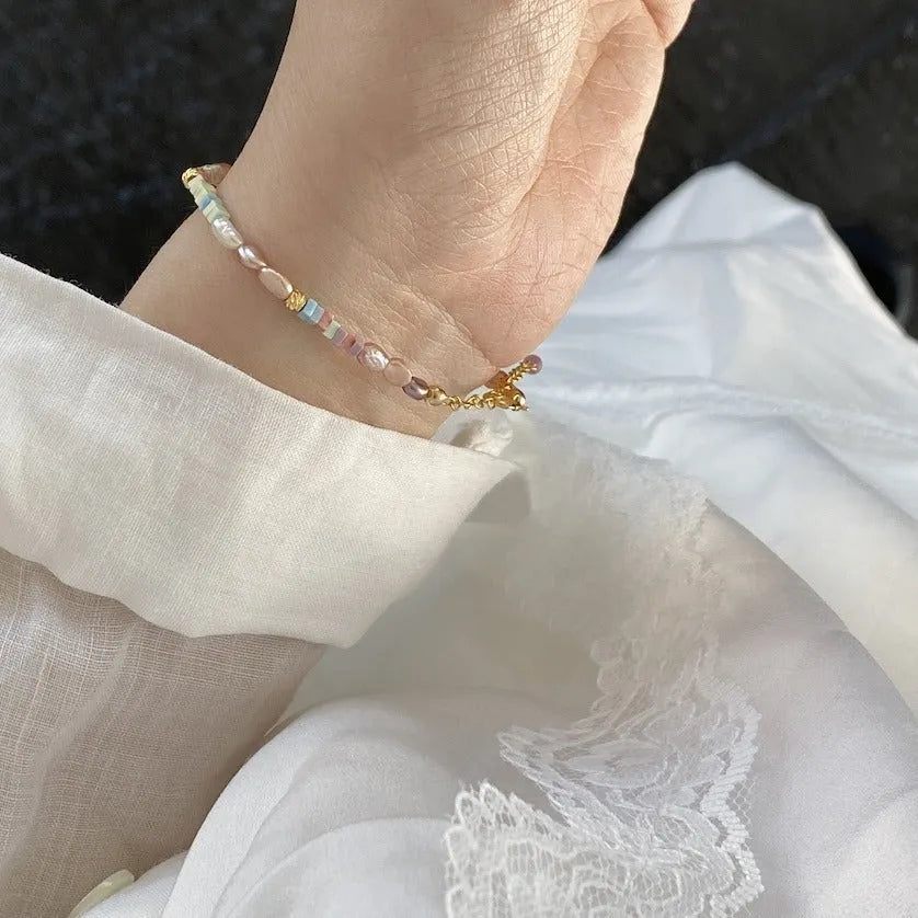 Women's purple silver natural pearl bracelet and necklace set with gold plating