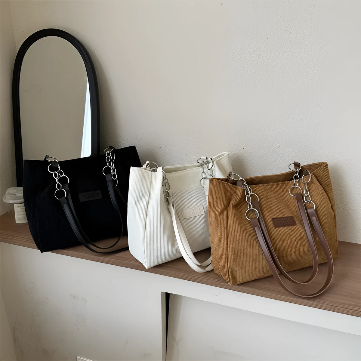 Corduroy tote handbag for women showing large capacity design and one-shoulder strap