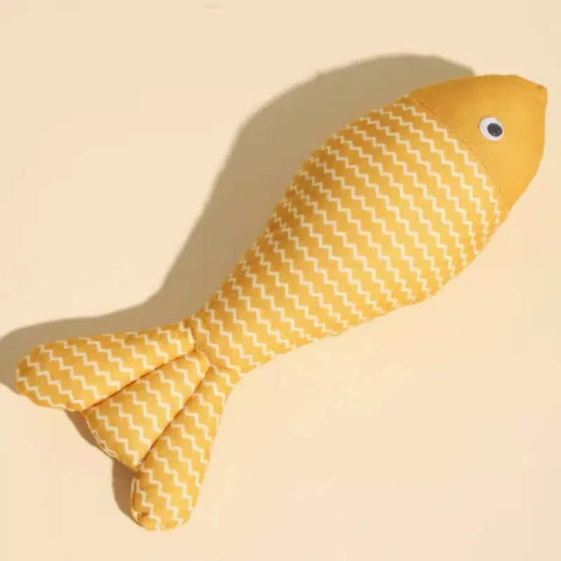 Catnip-stuffed fish toy for cats in blue, red, or yellow colours