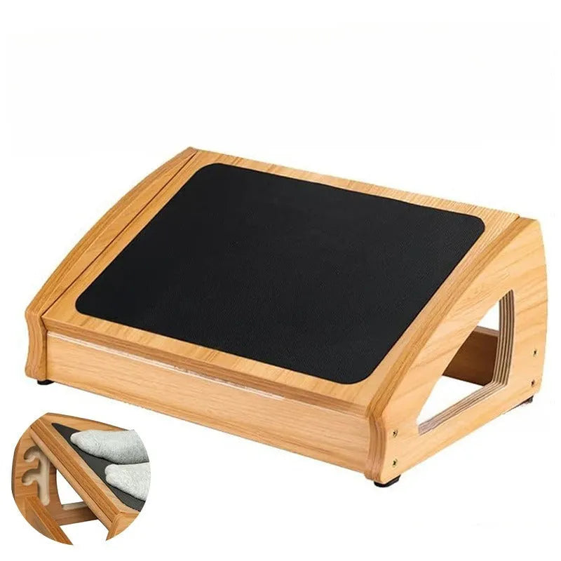 Wooden adjustable bamboo office desk footstool in natural wood colour, modern simplicity style.