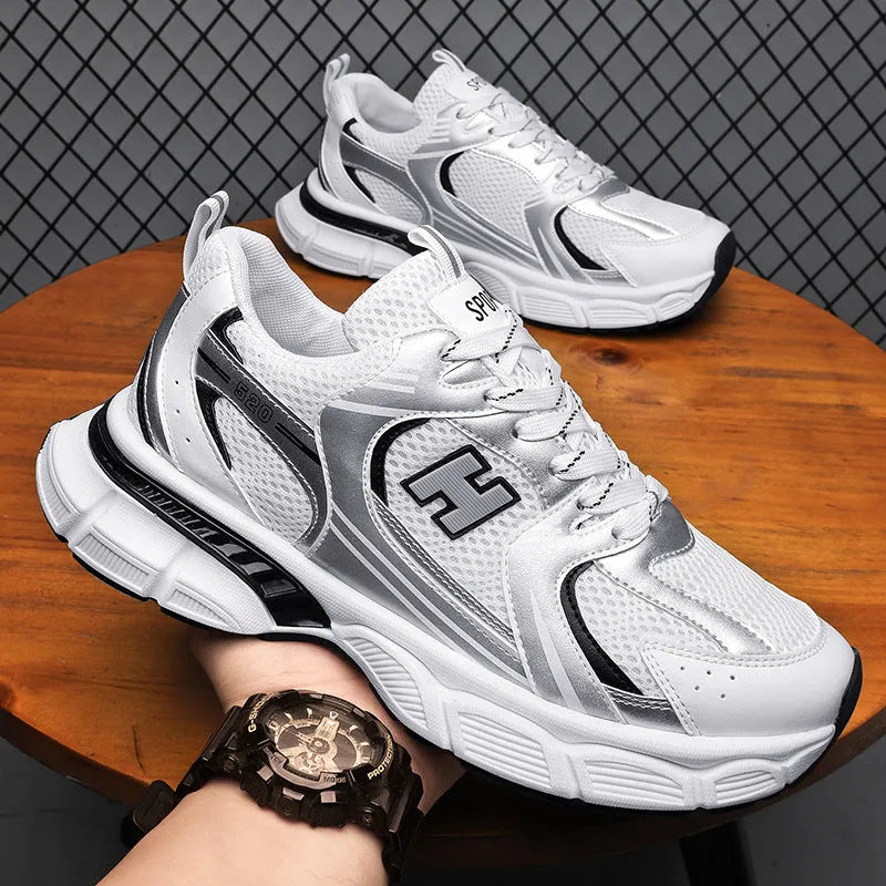 Men's mesh casual running shoes in black, grey, or orange with rounded toe and plastic sole