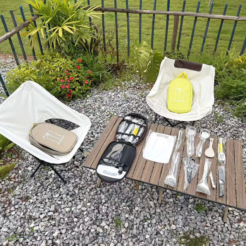 Khaki storage bag containing a 12-piece stainless steel picnic cutlery set for outdoor dining