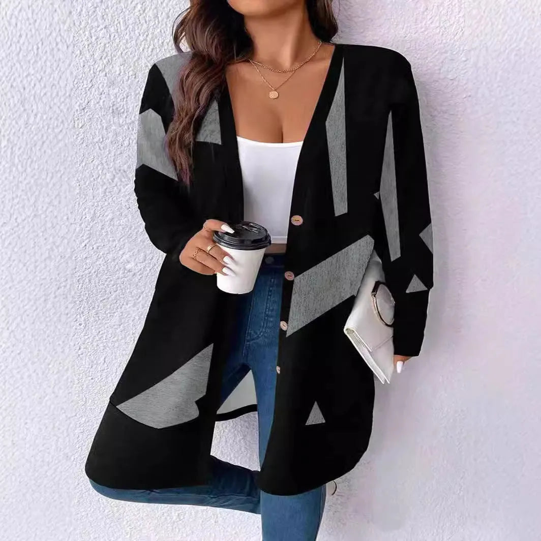 Black loose casual plus size cardigan coat with button stitching and printing design