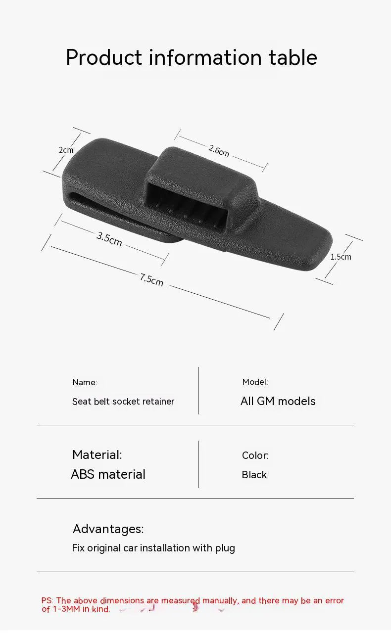 Two black ABS plastic universal car seat belt stopper clips on a grey background.