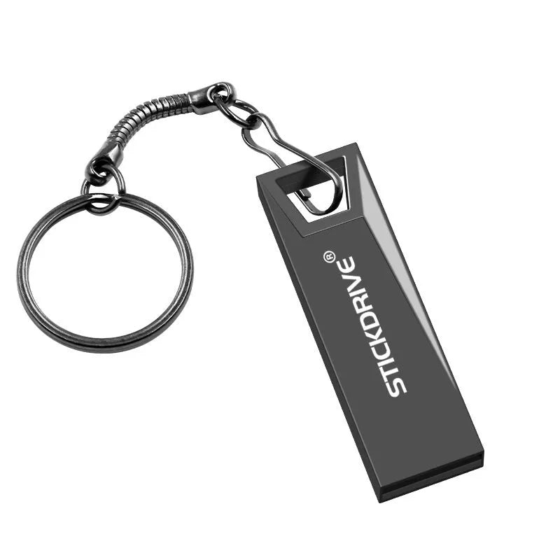 Metal USB flash drive on a chain necklace, showing black and silver colour options