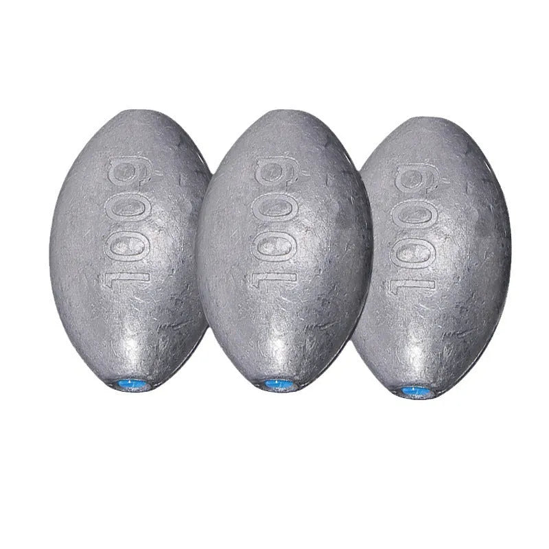 Tongxin olive-shaped lead fishing sinker with scale markings, showing rugby shape and plastic core construction.