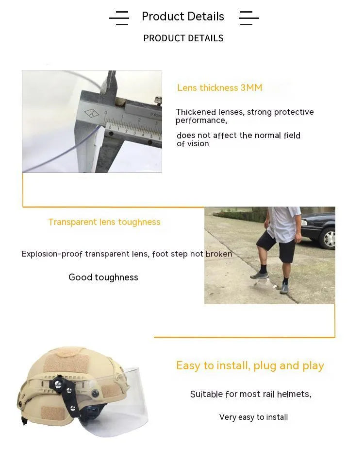 Transparent polycarbonate helmet face mask with guide rail mounting system