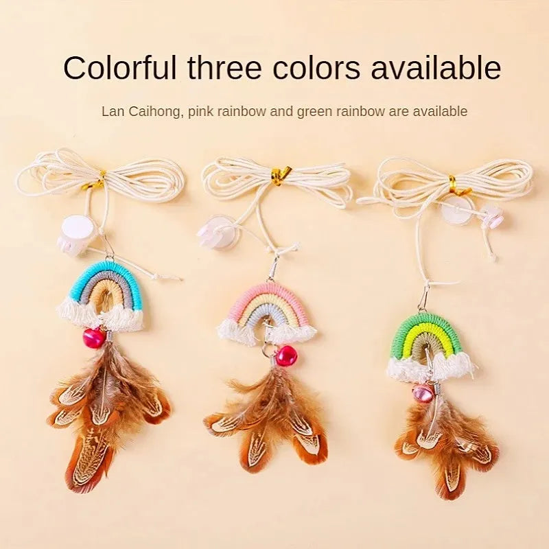 Feather cat rope door swing toy with elastic cord and sticky buckle clamp in multiple colours