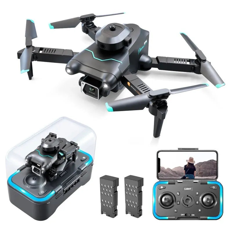 Black four-axis obstacle avoidance drone with mini design under 30cm, shown with dual camera configuration.