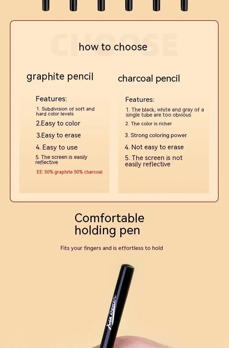 Set of six graphite sketching pencils with HB, 2B, 4B, 6B, 8B, and EE grades for art drawing