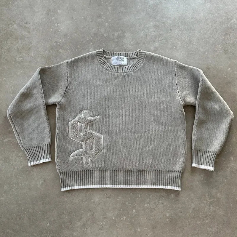 Design Sense grey jacquard knitwear loose-fitting coat with long sleeves for autumn winter wear