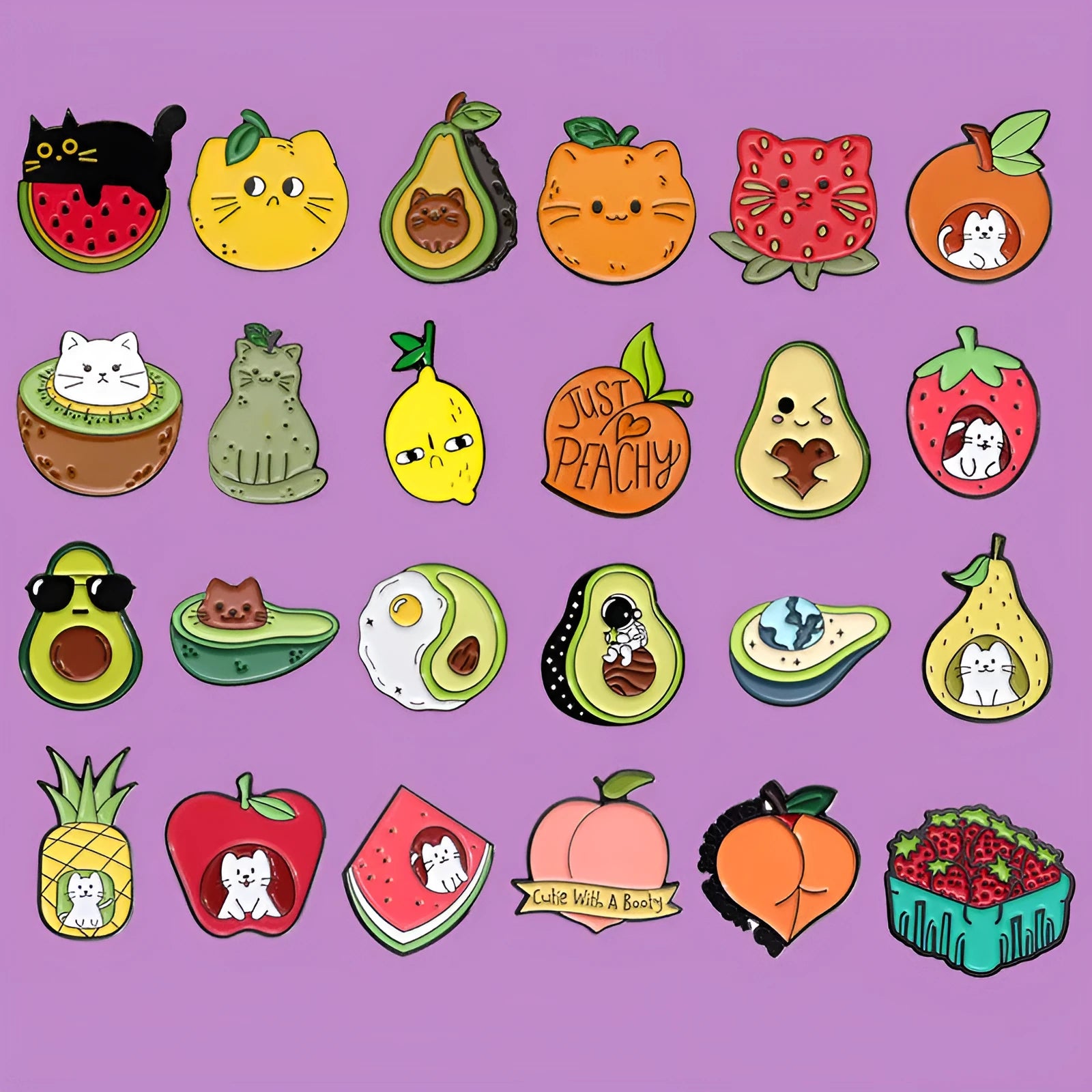 Colourful cartoon fruit and letter design metal brooch pin on a solid background.