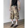 Yellow snake pattern camouflage cropped jeans with cotton denim construction