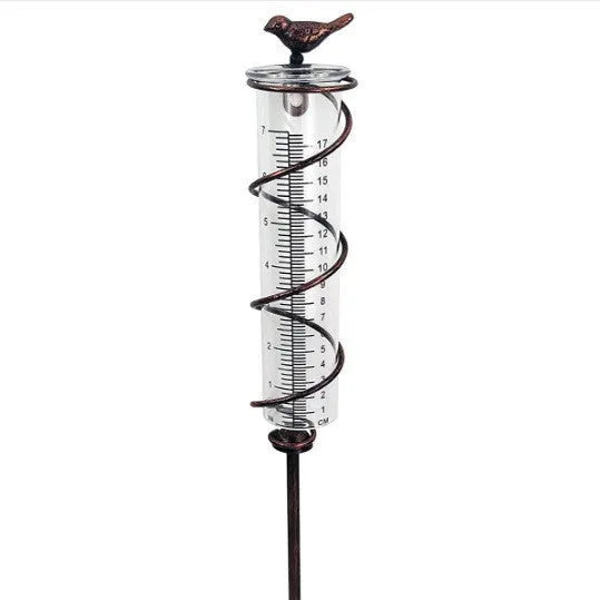 Hummingbird 01 cast iron garden rain gauge with measurement scale