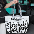Green waterproof woven handbag with colour printing, portable design for clothing and cosmetics