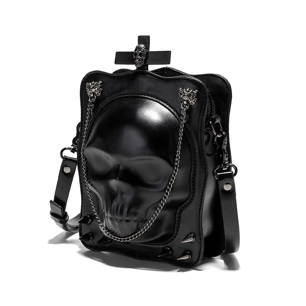 Black Halloween skull mini square messenger crossbody bag with stitching, rivets, chains, and embossing details