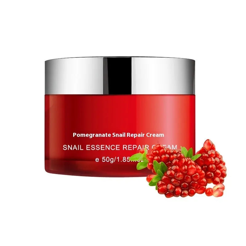 Red packaged pomegranate skincare set with cleanser, toner, lotion and cream bottles