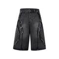 Distressed raw edge denim shorts in straight cut with cropped length for hip hop streetwear style