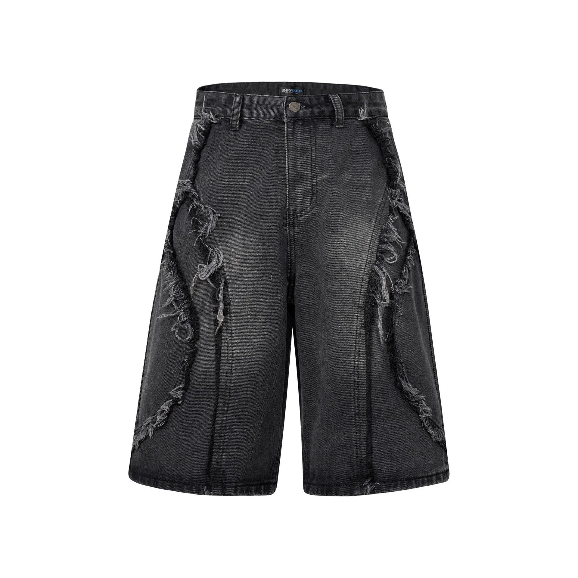 Distressed raw edge denim shorts in straight cut with cropped length for hip hop streetwear style