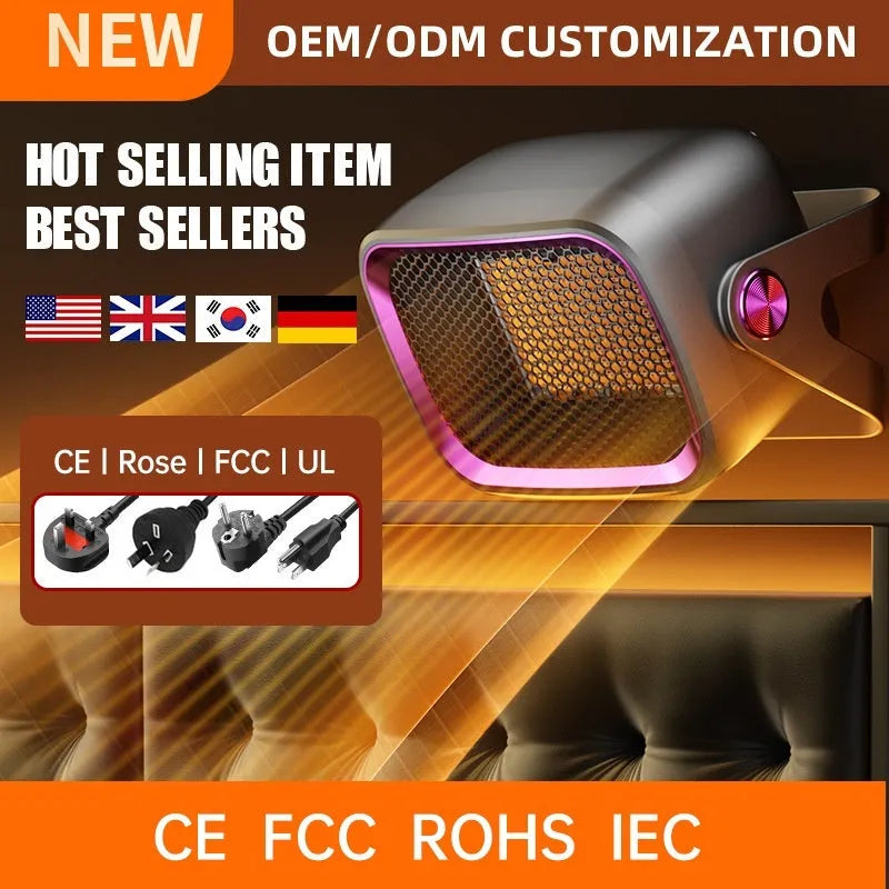 Compact white desktop electric heater with rotatable body and push-button controls.