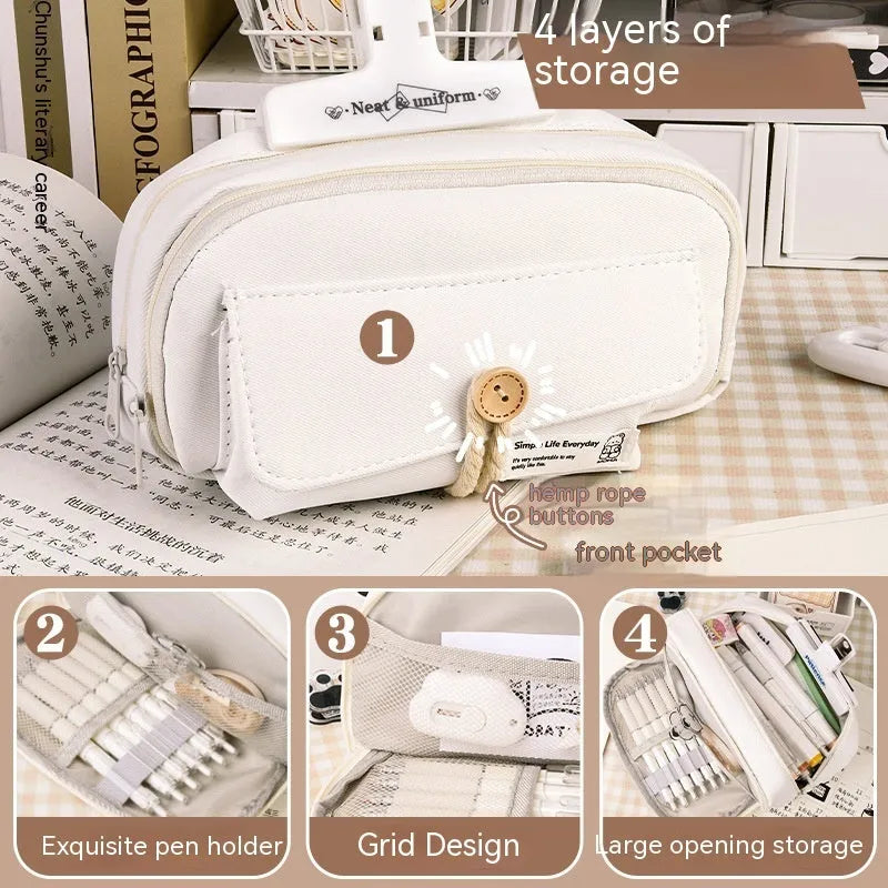Large capacity canvas pencil case with eight compartments in Korean style design