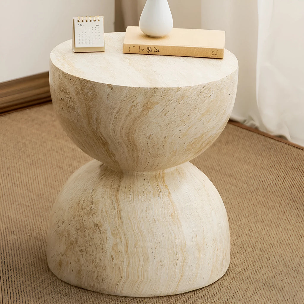 Magnesium oxide sofa side tea table with imitation cave stone finish in hourglass tea table colour for apartment living room or balcony corner