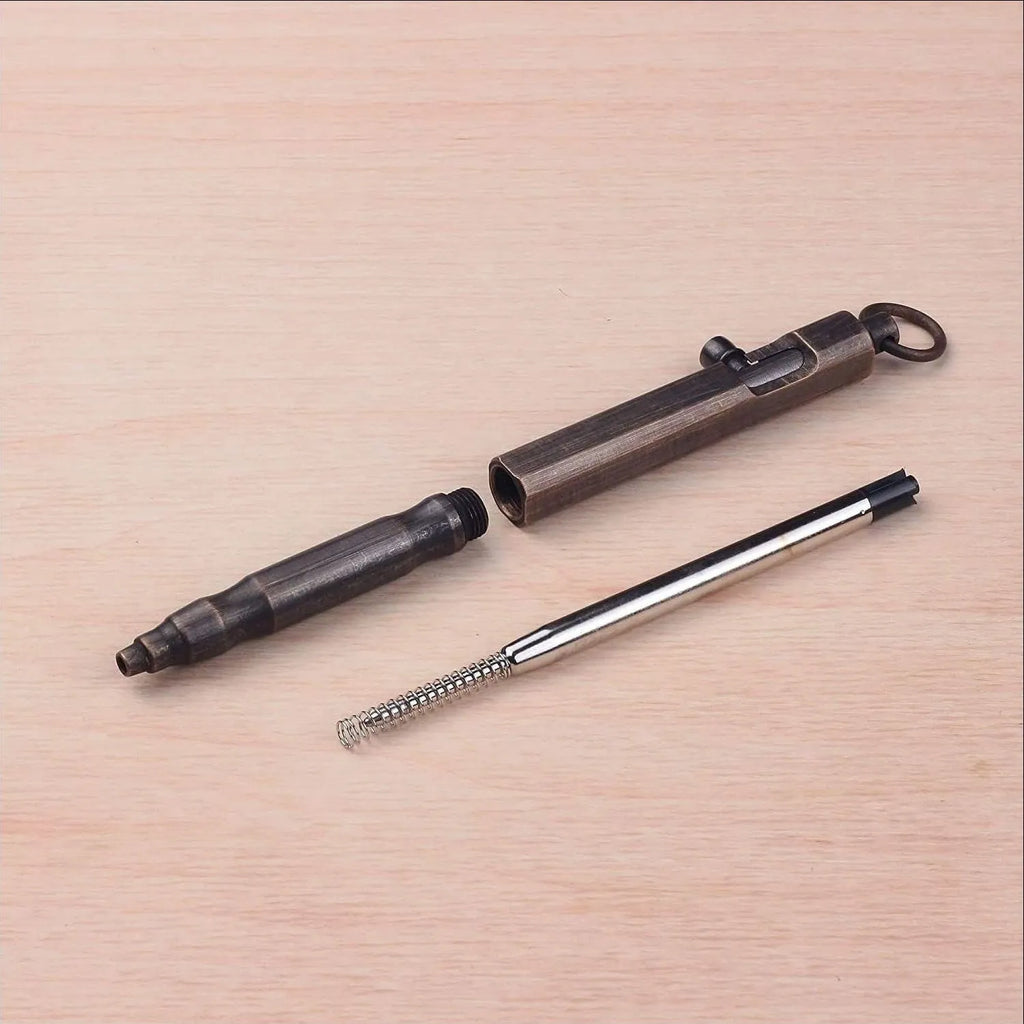 Brass hexagonal tactical pen with bolt design in brass natural colour finish