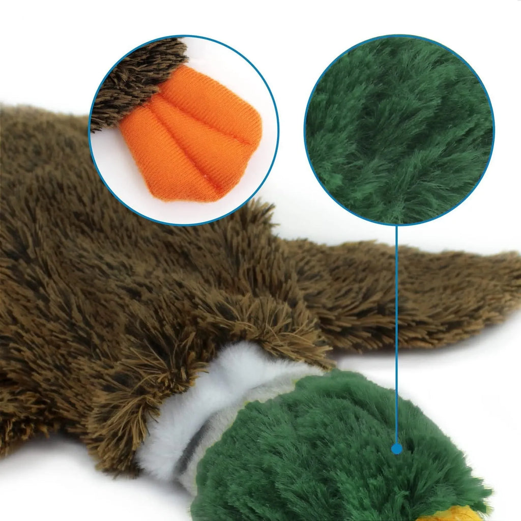 Green wild duck shaped stuffless plush dog toy with dual squeakers and a bottom fastener for bottle insertion.