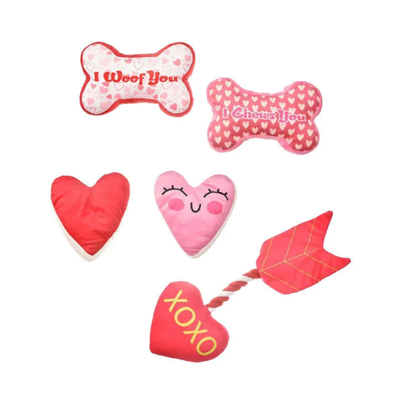 A PP plastic plush pet chew toy in one of four colours: bone powder, bone white, peach heart pink, or peach heart red.